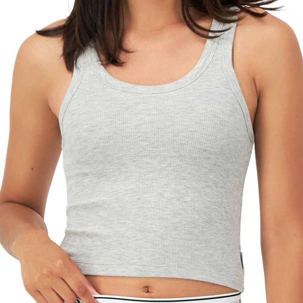 Hanes Originals White Scoop Neck Fitted Cropped Ribbed Tank Top Stretch Cotton - Picture 7 of 9